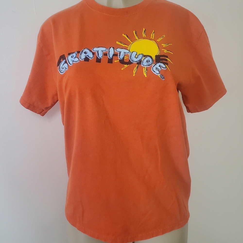 Petals & Peacocks GRATITUDE Top Medium Orange Graphic